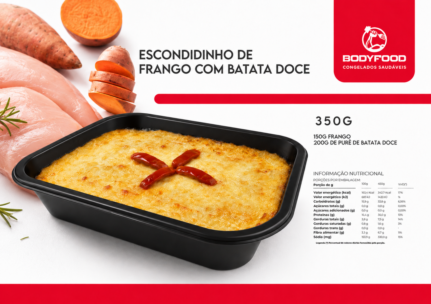Card da refeição Escondidinho de frango com batata doce, com informações nutricionais.